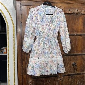 Avantlook Floral Eyelet Lace Mini Dress Small Boho Cottagecore Long Sleeve Dress